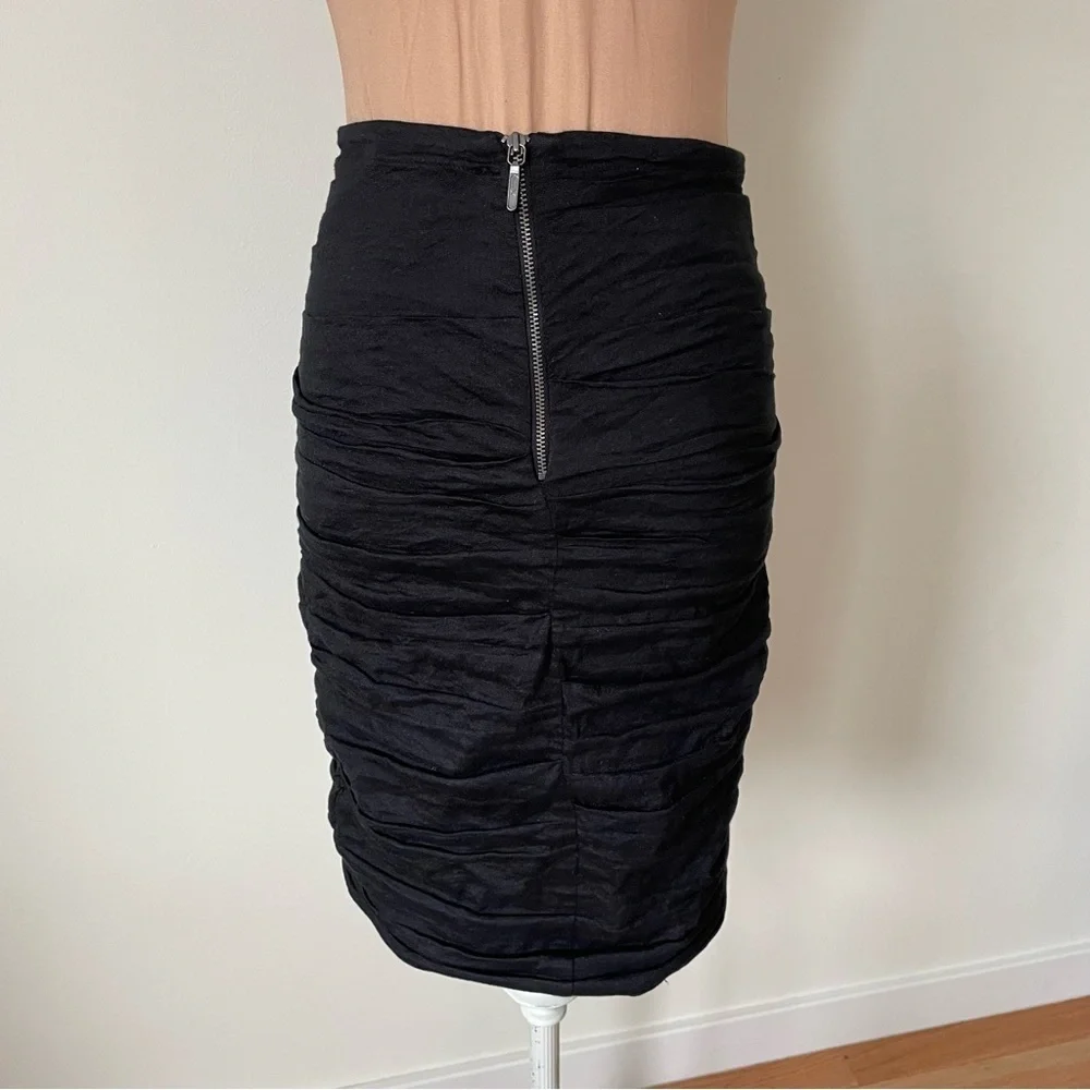 Nicole Miller Artelier Cotton Metal Sandy Black Ruched Tuck Pencil Skirt Size 4